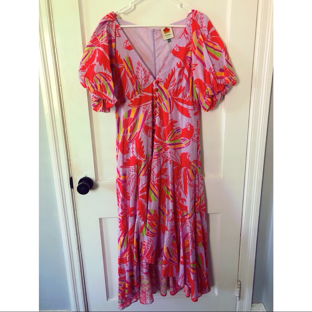 FARM Rio, NWT, Lilac Color Birds MIDI Dress, Size M